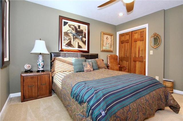 bedroom featuring recessed lighting, carpet flooring, ceiling fan, and baseboards