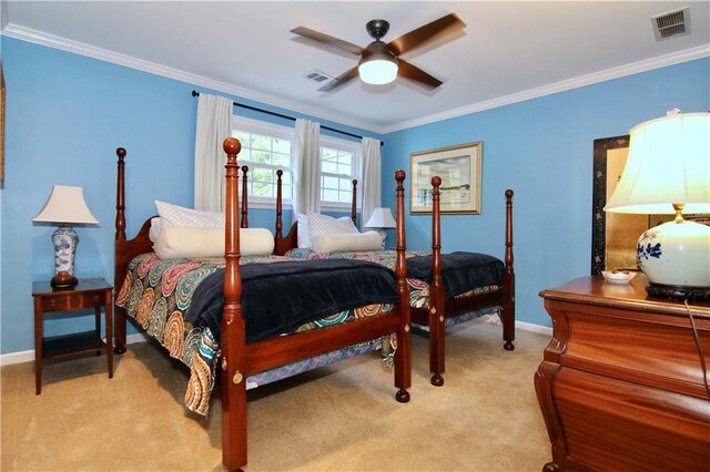 bedroom featuring visible vents, light colored carpet, crown molding, and baseboards