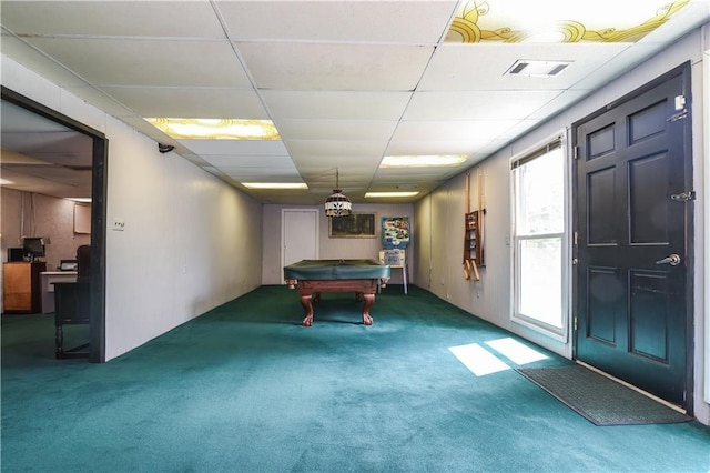 recreation room with a drop ceiling, visible vents, pool table, and carpet flooring