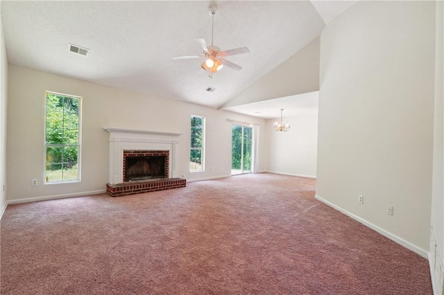 6445 Marsham Dr, Atlanta, GA 30349 - unfurnished living room with a fireplace, carpet floors, a ceiling fan, baseboards, and high vaulted ceiling