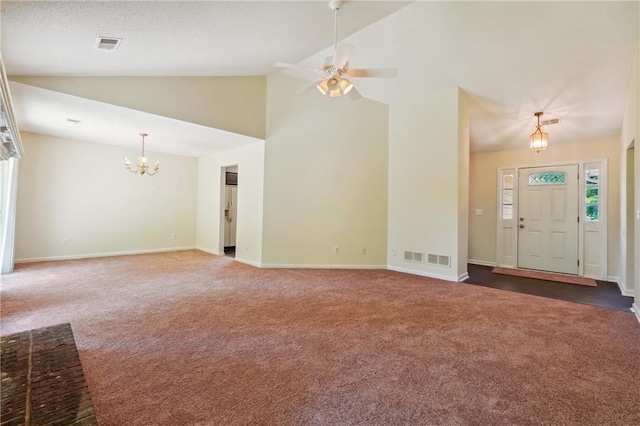 6445 Marsham Dr, Atlanta, GA 30349 - unfurnished living room with a chandelier, carpet flooring, vaulted ceiling, baseboards, and a ceiling fan