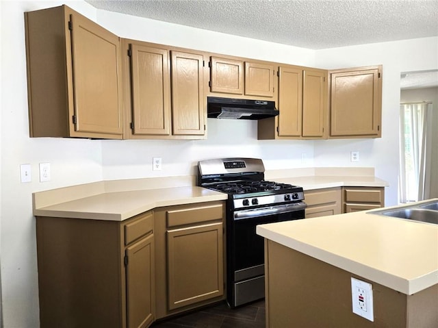 6445 Marsham Dr, Atlanta, GA 30349 - kitchen with gas stove, under cabinet range hood, light countertops, a textured ceiling, and a sink