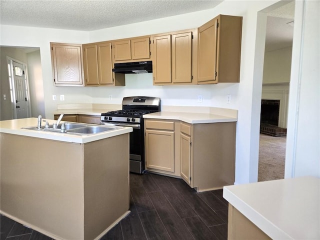 6445 Marsham Dr, Atlanta, GA 30349 - kitchen featuring stainless steel gas stove, under cabinet range hood, dark wood finished floors, a sink, and light countertops
