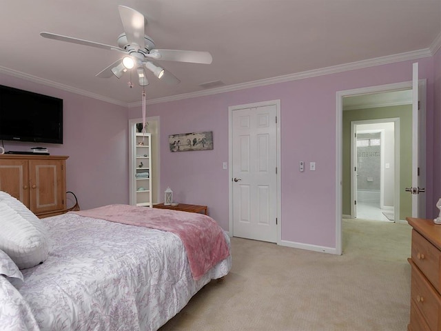 bedroom with crown molding, ceiling fan, and light carpet