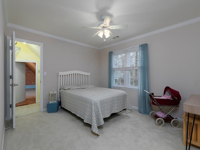 bedroom featuring ceiling fan, ornamental molding, and carpet