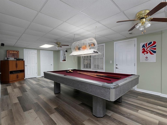 playroom featuring hardwood / wood-style flooring, a paneled ceiling, pool table, and ceiling fan