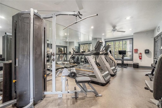 955 Juniper St Unit 3026, Atlanta, GA 30309 - exercise room with baseboards, ceiling fan, and recessed lighting