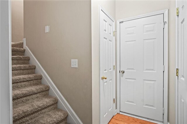 staircase with wood-type flooring