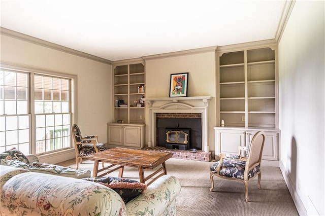 living room featuring carpet flooring, built in shelves, a wood stove, and ornamental molding