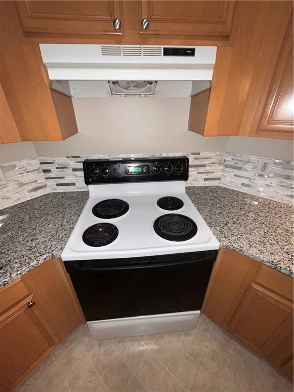 142 Benfield Cir, Cartersville, GA 30121 - kitchen with light stone countertops and electric range oven