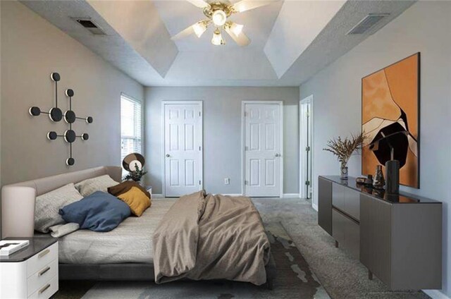 142 Benfield Cir, Cartersville, GA 30121 - bedroom featuring ceiling fan, a tray ceiling, and dark colored carpet