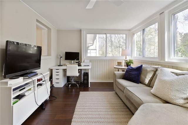 interior space with ceiling fan and dark wood-type flooring