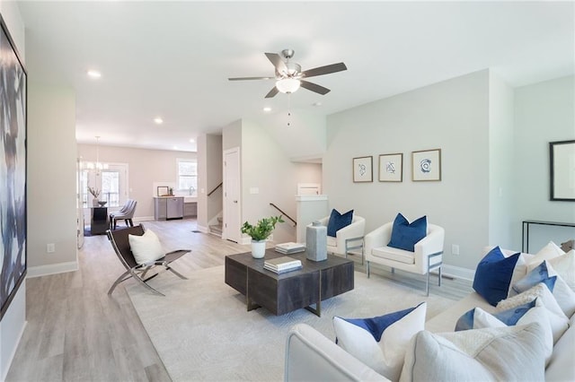 3810 Jack Vernon Cir, Powder Springs, GA 30127 - living area with light wood-style floors, recessed lighting, a ceiling fan, stairway, and baseboards