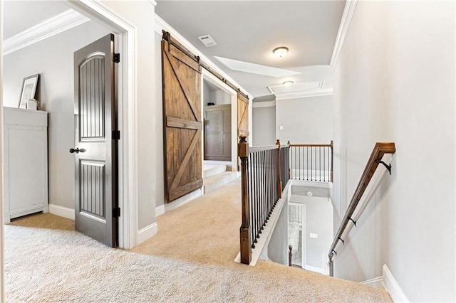 stairs featuring a barn door, carpet flooring, baseboards, and ornamental molding