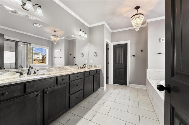 bathroom featuring visible vents, a stall shower, crown molding, and a sink