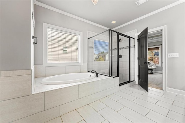 bathroom with baseboards, a stall shower, crown molding, and a bath