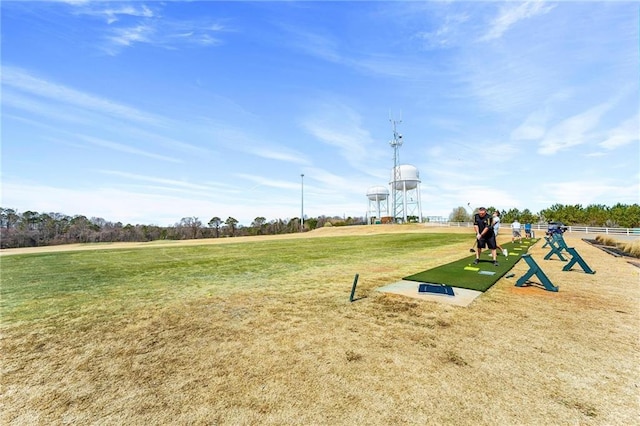 view of home's community featuring a yard and fence