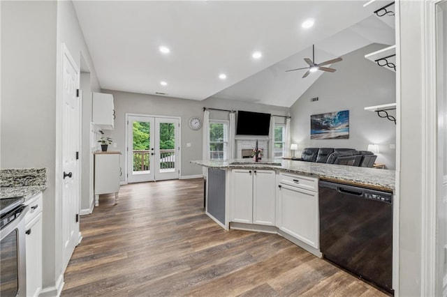 58 Hampton Forest Ct, Dahlonega, GA 30533 - kitchen featuring dishwasher, open floor plan, ceiling fan, dark wood finished floors, and white cabinets