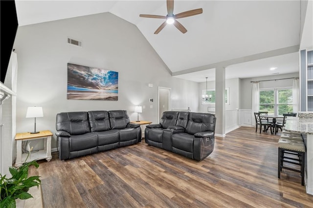 58 Hampton Forest Ct, Dahlonega, GA 30533 - living area featuring a ceiling fan, high vaulted ceiling, and dark wood-style floors