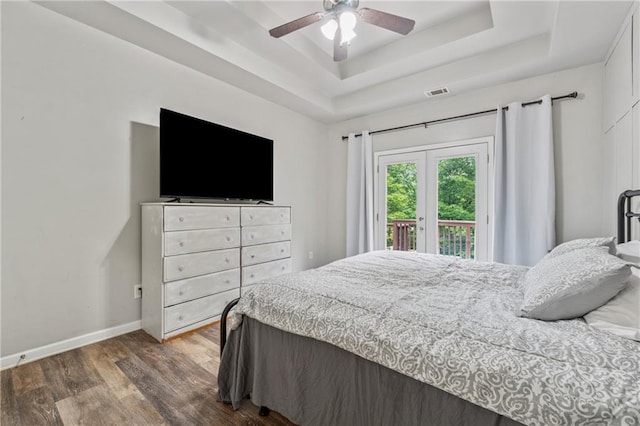 58 Hampton Forest Ct, Dahlonega, GA 30533 - bedroom with a raised ceiling, access to exterior, wood finished floors, baseboards, and ceiling fan