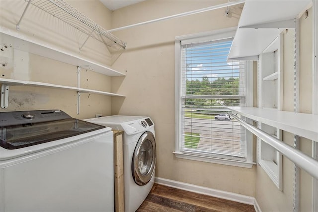 58 Hampton Forest Ct, Dahlonega, GA 30533 - washroom with separate washer and dryer, baseboards, dark wood-type flooring, and plenty of natural light