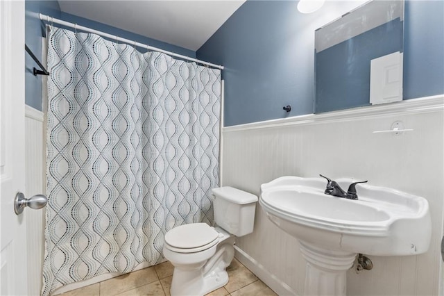 58 Hampton Forest Ct, Dahlonega, GA 30533 - full bathroom with a wainscoted wall, tile patterned flooring, toilet, and a shower with shower curtain