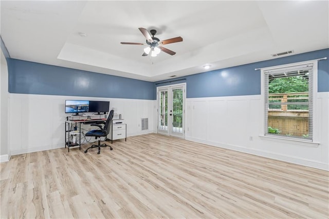 58 Hampton Forest Ct, Dahlonega, GA 30533 - office featuring a decorative wall, a raised ceiling, ceiling fan, a wainscoted wall, and french doors