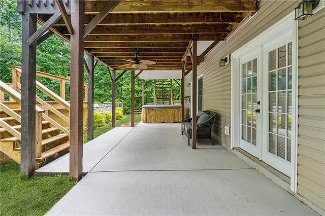 58 Hampton Forest Ct, Dahlonega, GA 30533 - view of patio featuring a hot tub, french doors, a ceiling fan, and stairway