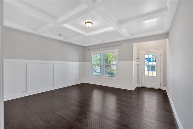 interior space featuring a wainscoted wall, visible vents, coffered ceiling, dark wood finished floors, and beamed ceiling