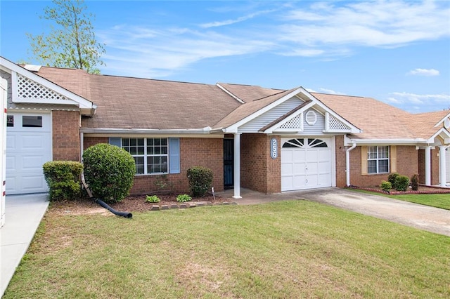 256 Olde Oaks Ln, Riverdale, GA 30274 - ranch-style home featuring concrete driveway, a garage, brick siding, and a front yard
