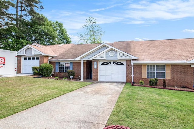 256 Olde Oaks Ln, Riverdale, GA 30274 - ranch-style house with driveway, brick siding, a front lawn, and a garage
