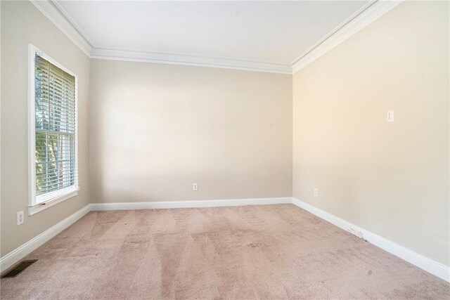 carpeted spare room featuring crown molding