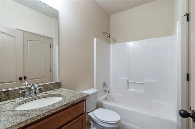 full bath with vanity, toilet, shower / tub combination, and visible vents