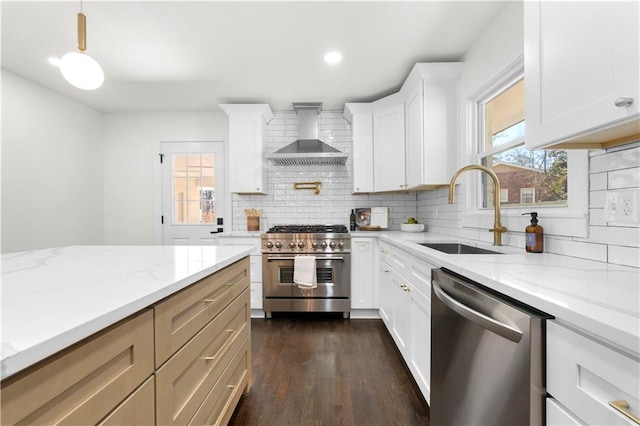 kitchen with wall chimney exhaust hood, tasteful backsplash, a sink, and stainless steel appliances