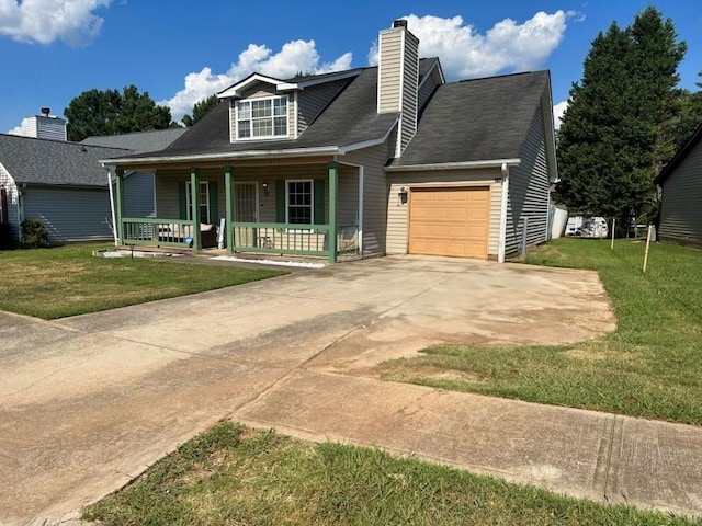 cape cod home with a front yard, covered porch, a chimney, a garage, and driveway