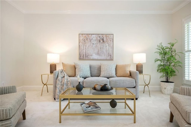 living room featuring crown molding, baseboards, and carpet