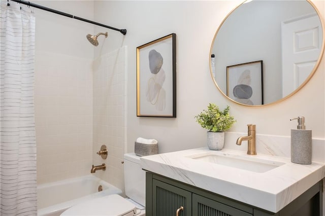 bathroom with toilet, shower / tub combo with curtain, and vanity