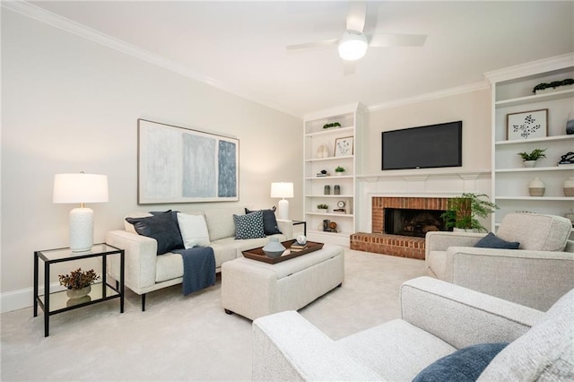 living room with ceiling fan, light colored carpet, crown molding, a fireplace, and baseboards