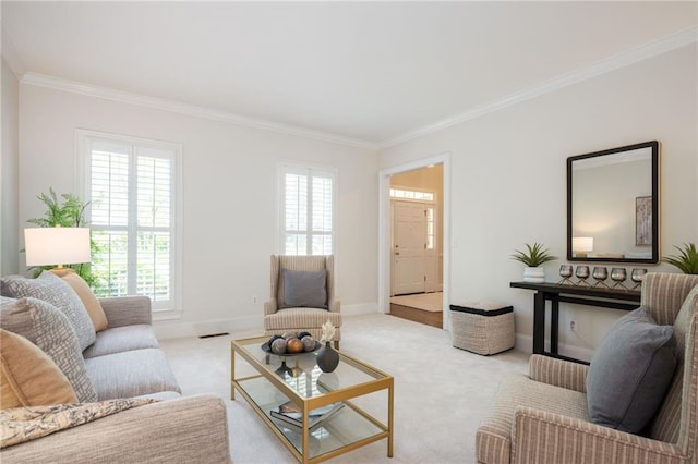 carpeted living room featuring crown molding, baseboards, and visible vents