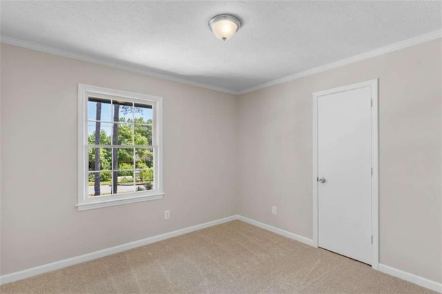 spare room featuring carpet flooring, ornamental molding, baseboards, and a textured ceiling