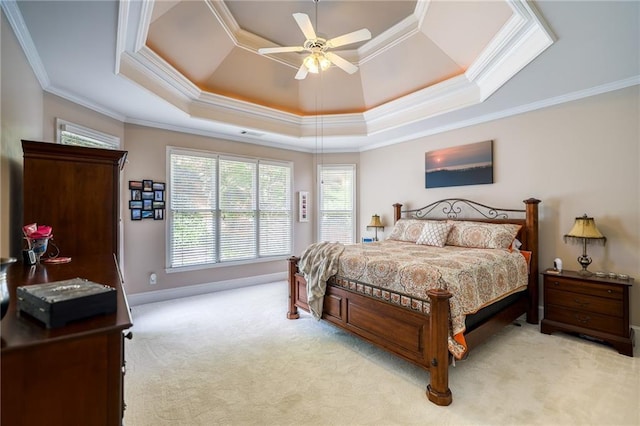 1997 Shaker Falls Ln, Lawrenceville, GA 30045 - bedroom featuring light carpet, crown molding, a tray ceiling, baseboards, and a ceiling fan