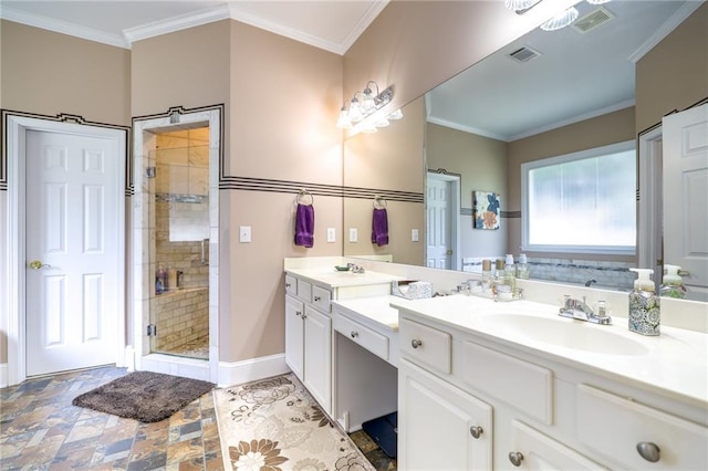 1997 Shaker Falls Ln, Lawrenceville, GA 30045 - full bath featuring double vanity, a stall shower, and ornamental molding