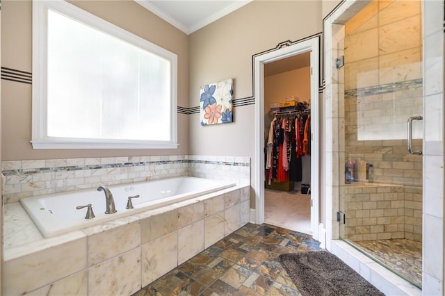 1997 Shaker Falls Ln, Lawrenceville, GA 30045 - full bathroom with ornamental molding, a shower stall, a bath, stone finish floors, and a spacious closet