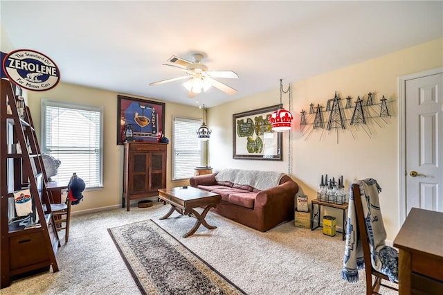 1997 Shaker Falls Ln, Lawrenceville, GA 30045 - living area featuring light colored carpet, a ceiling fan, and baseboards
