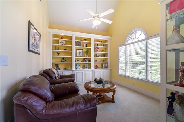 1997 Shaker Falls Ln, Lawrenceville, GA 30045 - living area featuring carpet, a ceiling fan, baseboards, and high vaulted ceiling