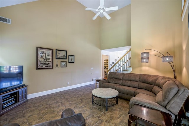 1997 Shaker Falls Ln, Lawrenceville, GA 30045 - living room featuring high vaulted ceiling, stairs, a ceiling fan, and baseboards