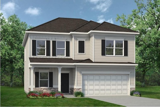 craftsman-style house with a shingled roof, concrete driveway, an attached garage, stone siding, and a front lawn