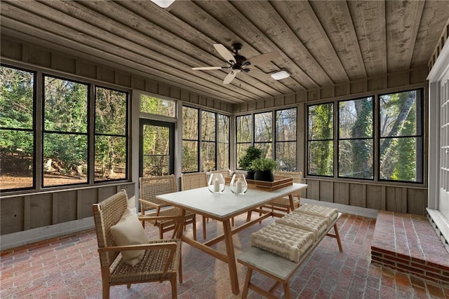 sunroom featuring ceiling fan, wooden ceiling, and plenty of natural light