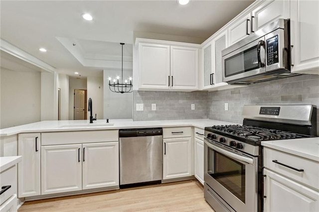 kitchen featuring white cabinets, sink, kitchen peninsula, stainless steel appliances, and a chandelier