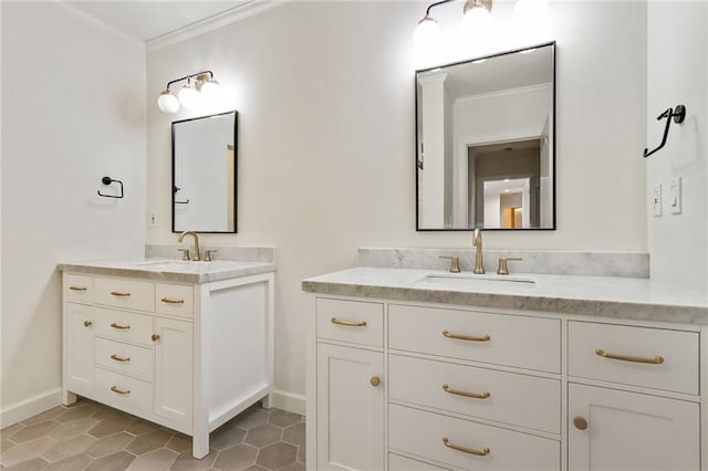 bathroom with tile patterned floors, vanity, and ornamental molding